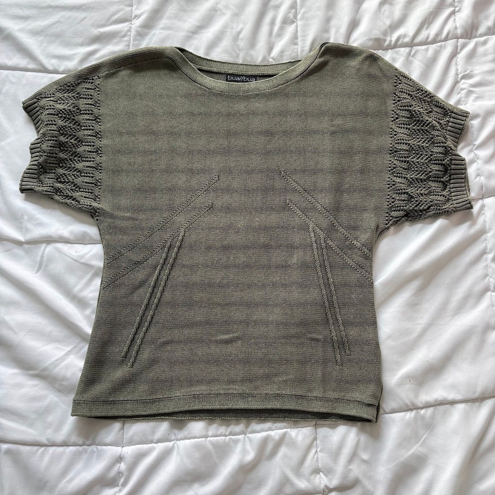 Bua Bua Olive Green 100% Cotton Knit Short Sleeve Top Pointelle Detail Small